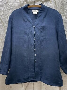 Principles Petite Silk Blouse Women 10P Navy Blue Raw Silk Button Front